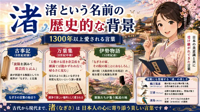 「渚（なぎさ）」という言葉が古事記・万葉集・伊勢物語に登場する歴史的背景を、美しい渚の風景と女性ナビゲーターが紹介し、日本文化との深い結びつきを解説している画像