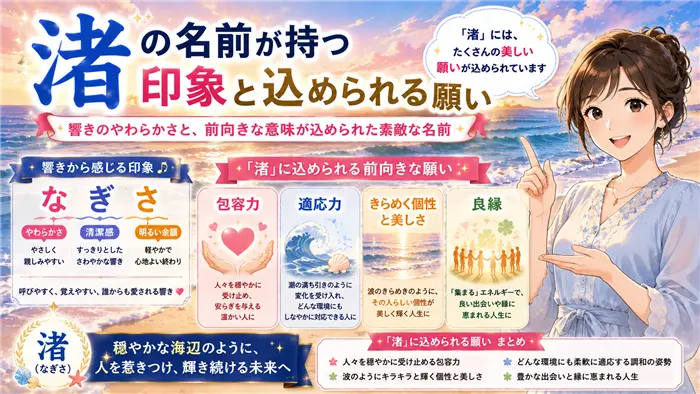 「渚（なぎさ）」という名前に込められる包容力・適応力・個性・良縁への願いを、きらめく海辺と穏やかな女性ナビゲーターが紹介し、前向きな意味を伝える画像