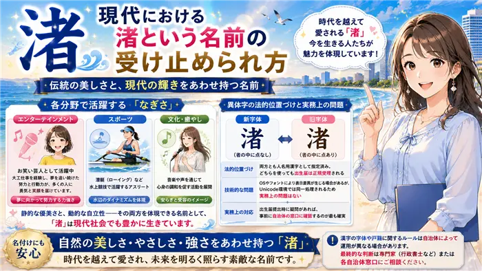 現代における「渚（なぎさ）」という名前の印象や社会的な受け止められ方を、活躍する人物のイメージや字体の違いとともに分かりやすく紹介している解説画像