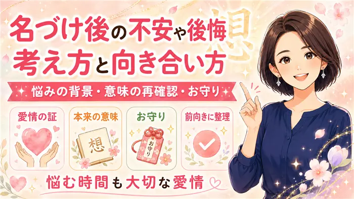 名づけ後の不安や後悔を感じたときの考え方を、愛情の証・本来の意味の再確認・お守りとしての捉え方・前向きな整理という4つのポイントで、やさしい女性キャラクターが温かく解説する画像