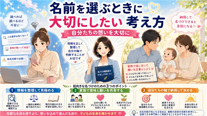 名前選びで大切な考え方として、ネットのネガティブ情報に振り回されず、自分たちの価値観や家族の願いを大切にしながら納得して名づけをする重要性を伝える画像