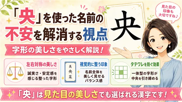 「央」を使った名前への不安を、左右対称の美しさや誠実さ、タテワレを防ぐ視覚的バランスの良さといった観点から、やさしい女性キャラクターと分かりやすい解説要素で表現した画像