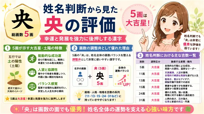「央」という漢字の姓名判断での評価について、5画の大吉星としての意味や土陽の特徴、画数調整のしやすさを、やさしい女性キャラクターと分かりやすい解説パネルで表現した画像