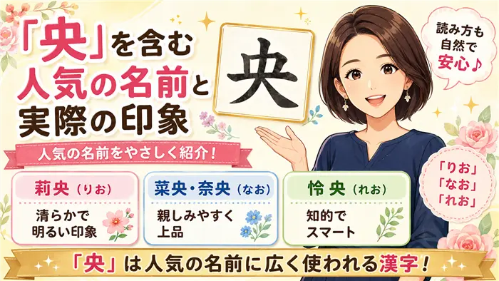 「央」を含む人気の名前と実際の印象について、莉央・菜央・奈央・怜央などの名前例と、それぞれの明るさ・親しみやすさ・知的さといった印象を、やさしい女性キャラクターとともに分かりやすく紹介した画像