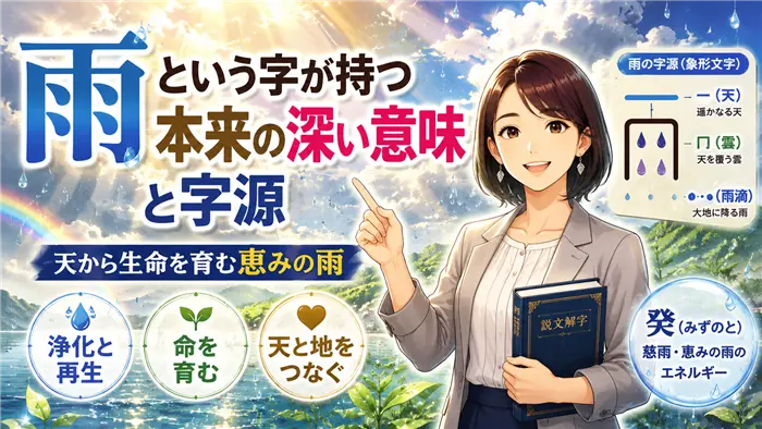 「雨」という漢字の字源や本来の意味を、天から降り注ぐ恵みの雨と女性教師キャラクター、説文解字の象形図で表現し、浄化・再生・生命の循環を視覚的に伝える画像