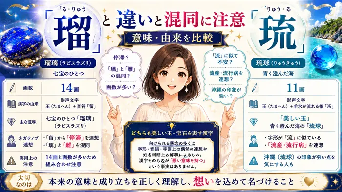 「瑠」と「琉」の違いを比較しながら、それぞれの意味・由来・画数・よくある誤解を分かりやすく整理した、名づけ検討中の保護者向け解説画像