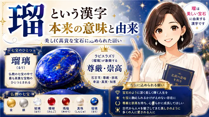 「瑠」の本来の意味である瑠璃（ラピスラズリ）の美しさと、七宝のひとつとしての高貴な価値を、輝く青い宝石とやさしい女性キャラクターで表現した解説画像