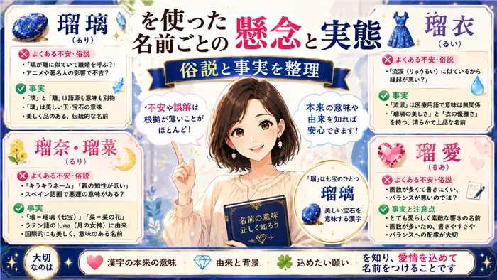 「瑠璃」「瑠奈」「瑠衣」「瑠愛」それぞれの名前に向けられる不安や俗説を整理し、本来の意味や由来をやさしく解説する女性キャラクターを描いた画像