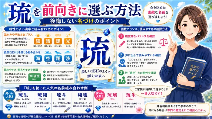 「琉」を使った名前を前向きに考えるためのポイントを、相性の良い漢字・読みやすさ・画数バランスの観点からわかりやすく整理し、納得できる名づけをサポートする解説画像