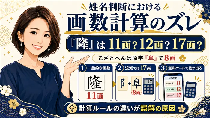「隆」という名前の姓名判断における画数計算のズレについて、一般的な11画、流派による17画、無料ツールで11画・12画・17画と結果が異なる理由を、女性キャラクターがわかりやすく解説する画像