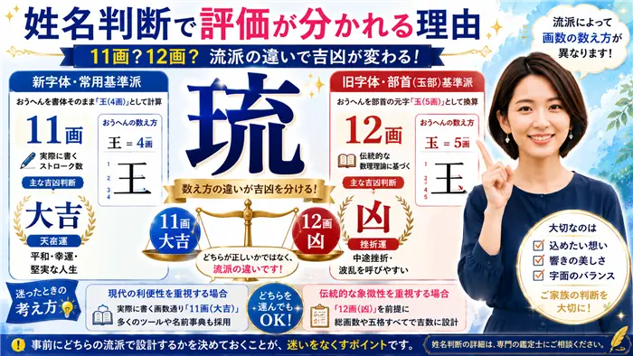 「琉」の姓名判断が流派によって大吉にも凶にもなる理由を、11画と12画の数え方の違いや姓名判断の考え方とともに、わかりやすく整理した解説画像
