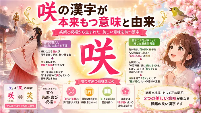 「咲」という漢字の本来の意味や由来を、古代の巫女の舞・笑顔・祝福・花の開花という歴史的背景とともに分かりやすく表現し、名づけに込める前向きな願いを伝える画像