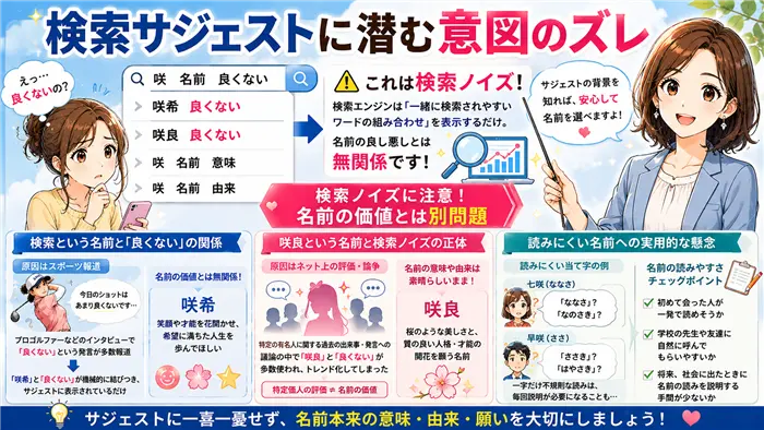 検索サジェストに表示される「咲希 良くない」「咲良 良くない」の背景を分かりやすく解説し、検索ノイズと名前本来の価値の違いを理解できるように整理した画像
