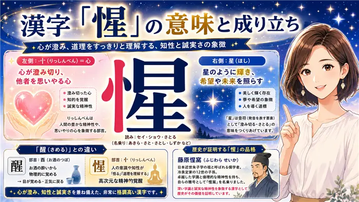 「惺」という漢字の意味や成り立ちを解説するため、りっしんべんが表す心と、星が象徴する希望や輝きを背景に、知的な女性キャラクターが漢字の由来をやさしく説明している画像