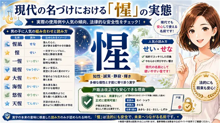 現代の名づけにおける「惺」の人気や読み方の傾向、男の子に人気の名前例と戸籍法改正後も安心して使える人名用漢字であることを、やさしく解説する画像