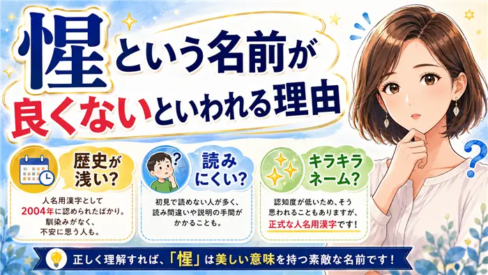 「惺」という名前が良くないといわれる理由について、人名用漢字としての歴史の浅さや読み間違い、キラキラネームへの誤解を、やさしく解説する画像