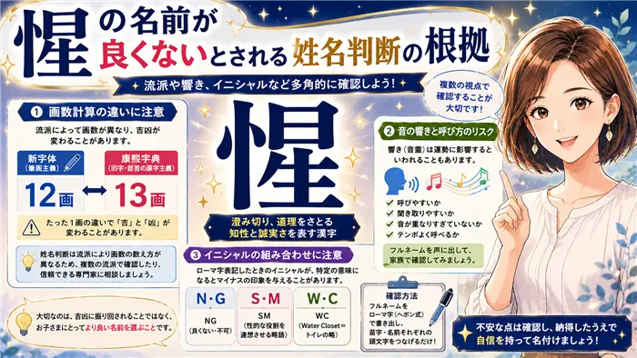 「惺」という名前が姓名判断で良くないといわれる理由について、画数の違いや音の響き、イニシャル確認のポイントを、知的な女性キャラクターがわかりやすく解説している画像