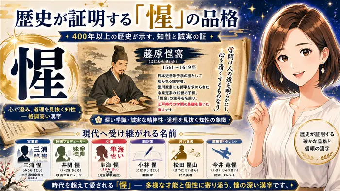 「惺」という漢字の歴史的な品格をテーマに、藤原惺窩の学問的功績と現代の著名人への継承を表現した、知性と伝統を感じさせる女性キャラクター付き画像