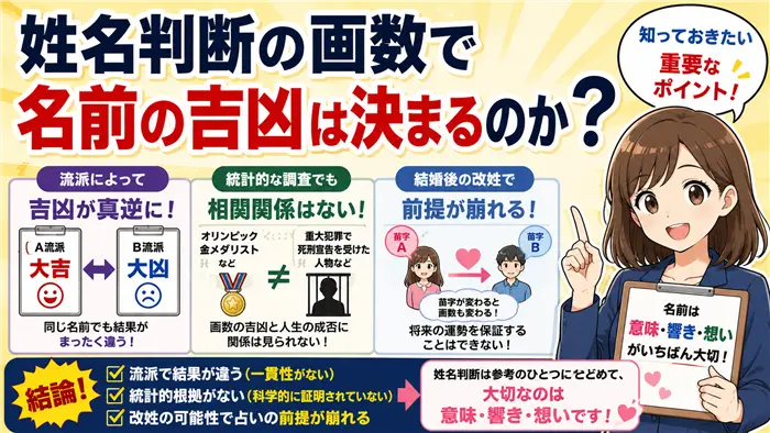 姓名判断の画数で名前の吉凶が決まるのかという疑問について、画数表や姓名判断のイメージ、解説するキャラクターを用いながら、流派ごとの違いや統計的根拠の弱さをわかりやすく伝える画像