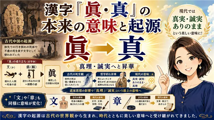 漢字「眞・真」の古代中国における起源から、真実・誠実という現代の意味へ昇華された歴史を、哲学や漢字文化とともに分かりやすく解説する画像