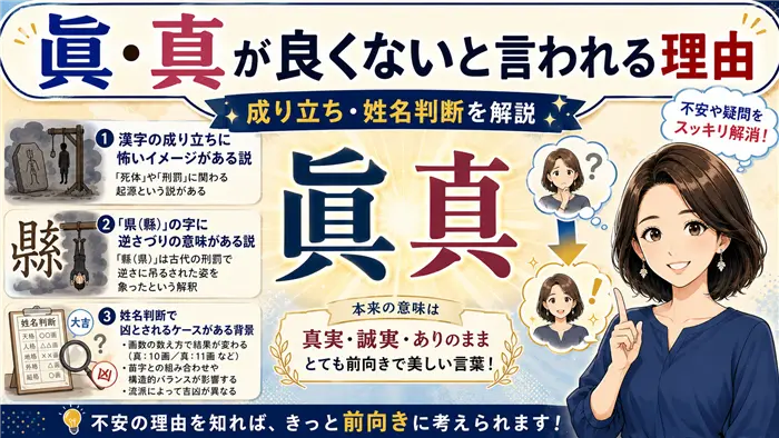 「眞・真」という名前が良くないと言われる理由を、漢字の成り立ち・県（縣）の由来・姓名判断の考え方など複数の視点から分かりやすく整理して解説する画像