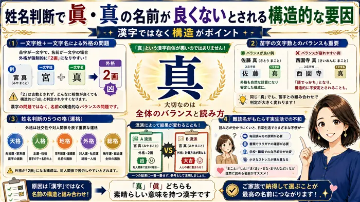 姓名判断で「眞・真」が良くないとされる理由を、苗字との組み合わせによる外格の問題や難読名の影響など、構造的な要因から分かりやすく解説する画像
