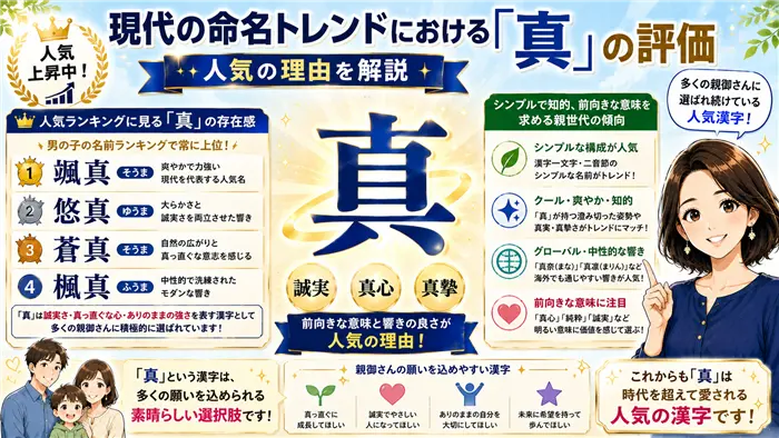 現代の命名トレンドにおいて「真」が高く評価されている理由を、人気ランキングや親世代の価値観とともに紹介し、誠実さや真っ直ぐな心を象徴する魅力を伝える画像