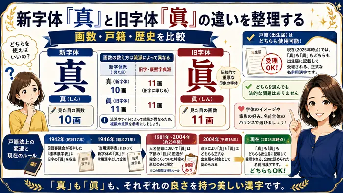 新字体「真」と旧字体「眞」の違いを、画数・姓名判断・戸籍ルール・歴史的変遷の観点から比較し、それぞれの特徴を分かりやすく整理した解説画像