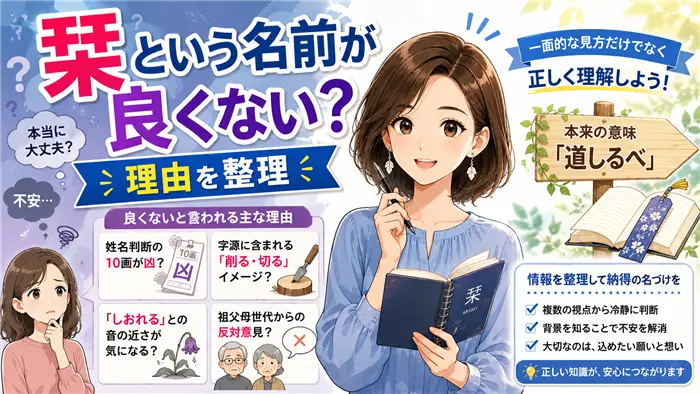 「栞」という名前が良くないと言われる背景として、姓名判断の10画や字源の意味、ネット上の不安情報など複数の理由を整理し、一面的な見方ではないことを解説する画像