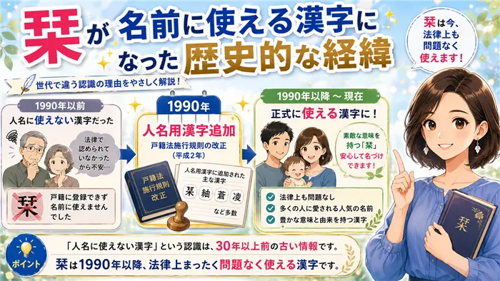 栞という漢字が1990年に人名用漢字として認められた歴史や、祖父母世代との認識の違いを、年表や法改正のイメージとともに分かりやすく解説する画像