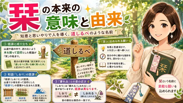 「栞」という漢字が持つ本来の意味である道しるべや枝折りの文化を、自然の小道や案内標識、本と栞のモチーフで表現し、名前に込められる前向きな願いを伝える画像