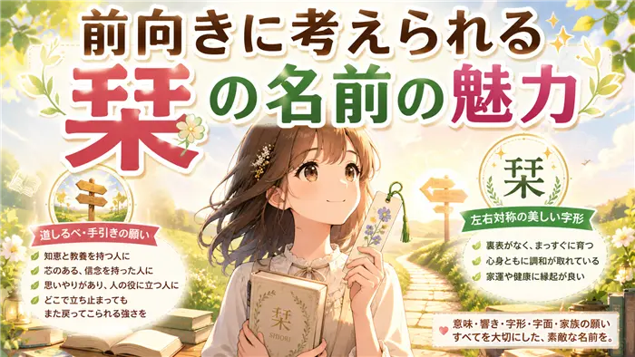「栞」という名前に込められた道しるべや手引きの意味、知性や思いやりを象徴する前向きな願いを、本と美しい栞を手にした人物と温かな光で表現した画像