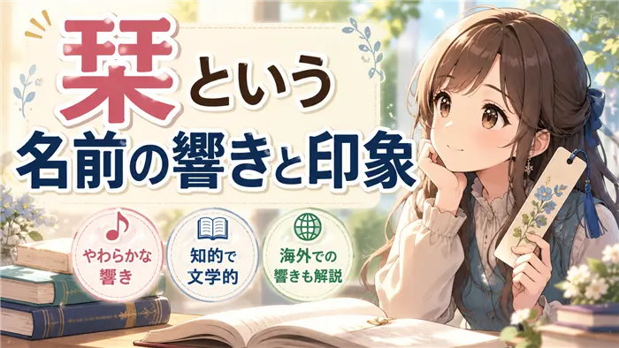 「栞（しおり）」という名前のやわらかく知的な響きや美しい字面を、本や栞を手にした穏やかな人物と落ち着いた雰囲気で表現したイメージ画像