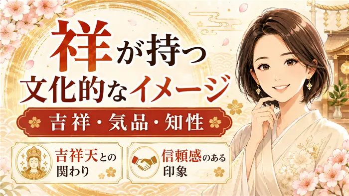 「祥」という漢字が持つ文化的なイメージを、吉祥天との関わりや気品・知性・信頼感を感じさせる和風デザインと女性キャラクターで表現した画像