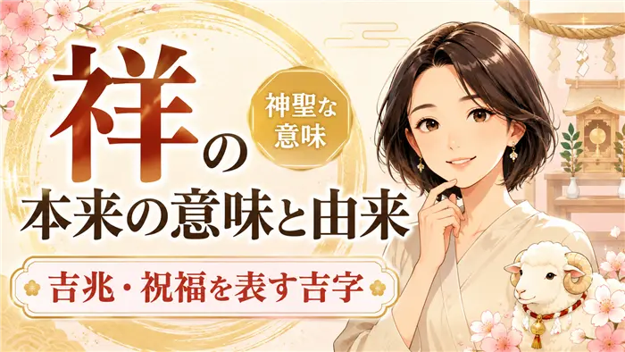 「祥」という漢字の本来の意味と由来を、やさしい表情の女性キャラクターと、神聖さ・吉兆・羊の象徴性を感じさせる和風モチーフで表現した画像