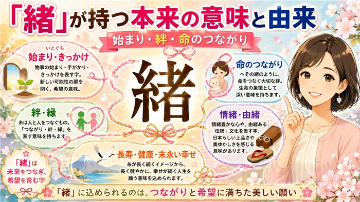 「緒」が持つ本来の意味と由来を、いとぐち・始まり・絆・縁・命のつながりという前向きな意味とともに紹介し、親子の絆や日本文化の美しさを表現した解説画像