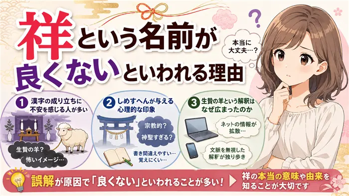 「祥」という名前が良くないといわれる理由を、やさしい表情の女性キャラクターと、成り立ちへの誤解や不安をイメージした和風デザインで表現した画像