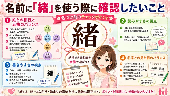 名前に「緒」を使う際の確認ポイントとして、姓名判断の五格バランス、読みやすさ、書きやすさ、名字との相性を整理し、納得できる名づけの判断材料を分かりやすくまとめた画像
