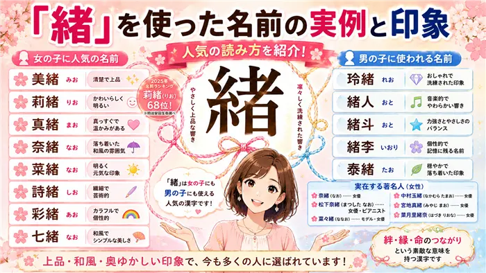 「緒」を使った名前の実例として、女の子・男の子の人気の読み方や印象を紹介し、上品さや優しさ、和風の美しさが伝わる名づけイメージをまとめた画像