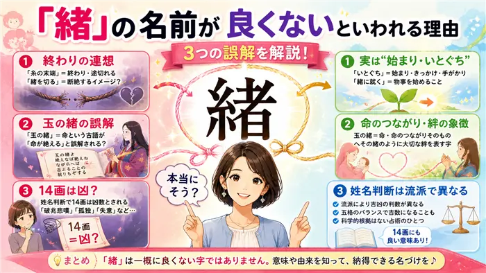 「緒」の名前が良くないといわれる理由を、終わりの連想・玉の緒のイメージ・姓名判断の14画という3つの観点から整理し、本来の意味との違いを分かりやすく解説する画像