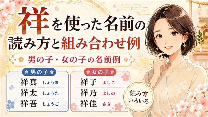 「祥」を使った名前の読み方と組み合わせ例を、やさしい表情の女性キャラクターと、男の子・女の子それぞれの名前のイメージを和風で明るく表現した画像