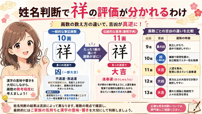 姓名判断で「祥」の評価が分かれる理由を、やさしい表情の女性キャラクターと、10画・11画の違いや吉凶の比較をイメージした画像