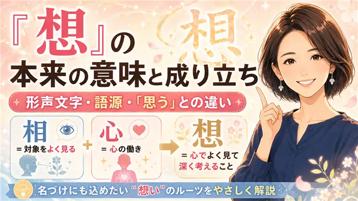 「想」という漢字の本来の意味と成り立ちを、相と心の組み合わせ、形声文字としての語源、「思う」との違いを図解しながら、やさしい女性キャラクターが解説する画像