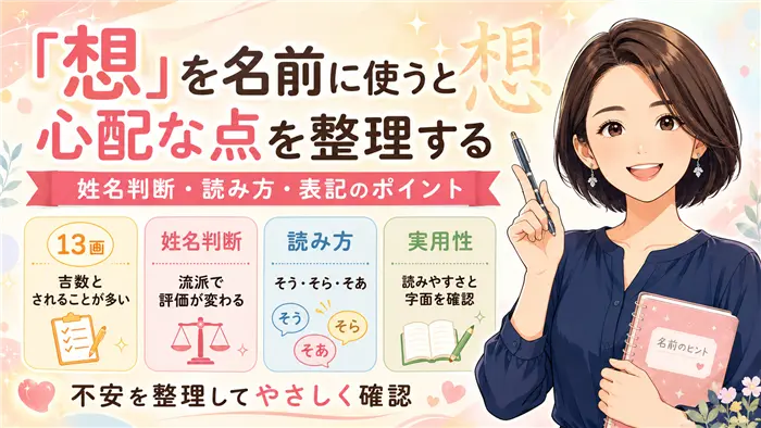 名前に「想」を使うときの心配な点を、13画の姓名判断、読み方の違い、実用性の確認ポイントを整理しながら、やさしい女性キャラクターがわかりやすく解説する画像