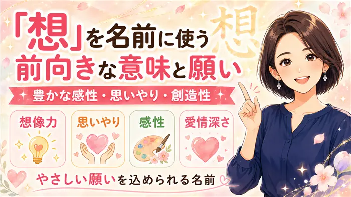 名前に「想」を使う前向きな意味と願いを、豊かな感性・思いやり・創造性・愛情深さの4つの要素と、やさしい女性キャラクターで明るく表現した画像