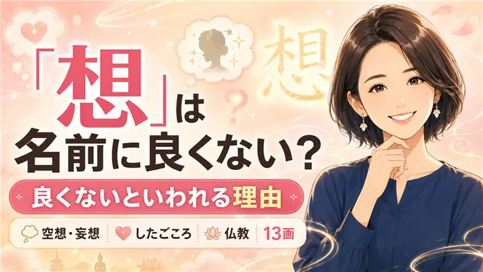 「想」という名前が良くないといわれる理由を、やさしい表情の女性キャラクターと漢字「想」をモチーフに、空想・妄想・部首の誤解・仏教的解釈・姓名判断などの不安要素をわかりやすく表現した画像