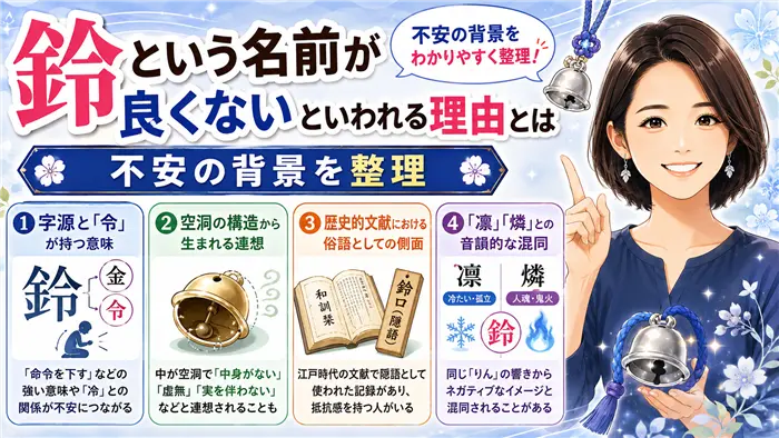 「鈴」という名前が良くないといわれる理由について、字源・空洞構造・歴史的背景・音の混同などの不安要素を、やさしく整理して解説する女性キャラクターと鈴のモチーフを描いた画像