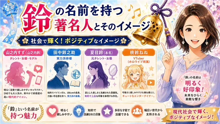 「鈴」という名前を持つ著名人の活躍や社会的なイメージについて、明るく親しみやすい印象や知性・上品さなどの魅力を、女性キャラクターと輝く鈴のモチーフで表現した画像