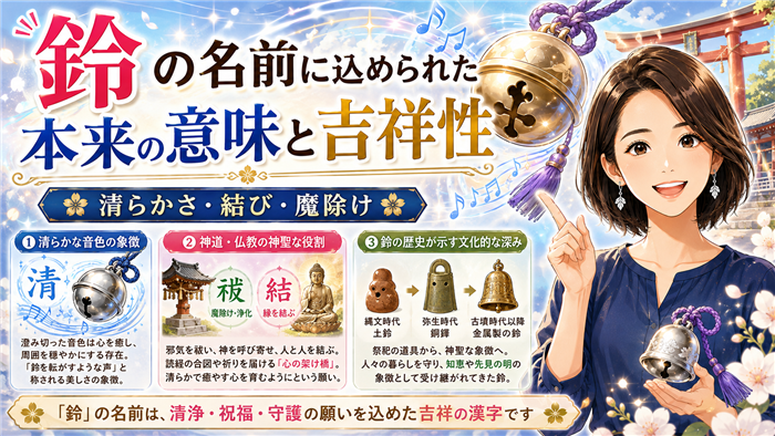 「鈴」という名前に込められた本来の意味と吉祥性について、清らかな音色・神社の鈴・浄化や結びの象徴性を、やさしく解説する女性キャラクターと神聖な鈴のモチーフで表現した画像