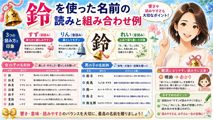 「鈴」を使った名前の読み方や組み合わせ例について、「すず・りん・れい」の印象の違いや男女別の名付け例を、やさしく解説する女性キャラクターと名前一覧で表現した画像